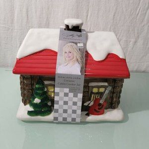 NWT Dolly Parton Christmas Cookie Jar Cabin Snow Guitar Mountain Home Ceramic